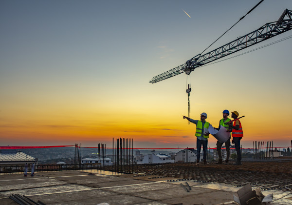 Multi ethic workers talking at construction site reviewing plans